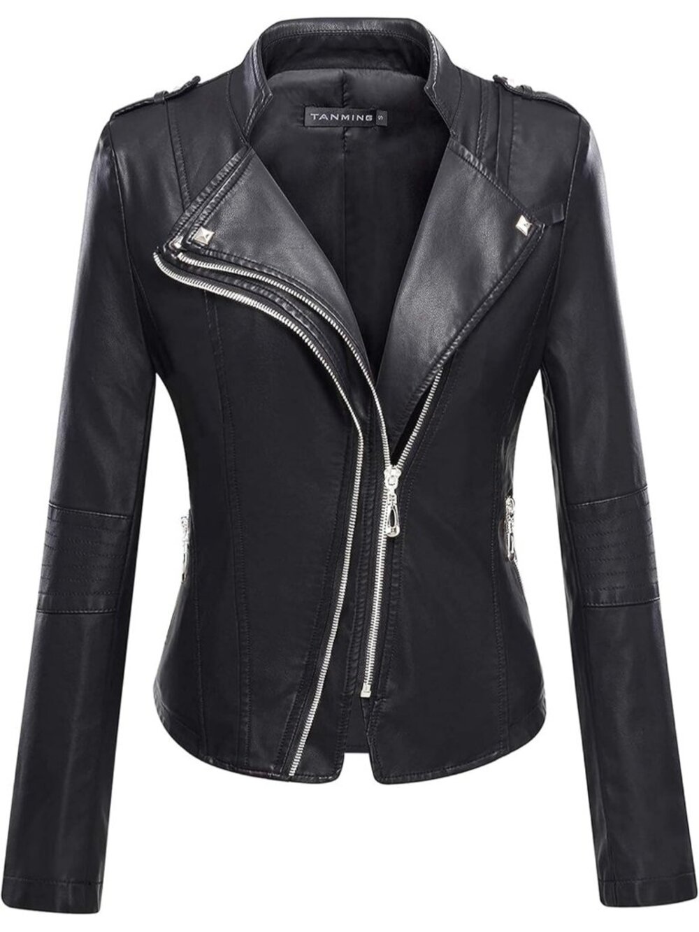 Women All Black Faux Leather Moto Biker Jacket Slim Fit Zip Up Casual Short Coat